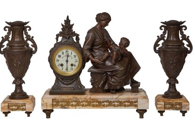 After A. T. Scotte (act. 1885-1905), French Patinated Spelter Three Piece Figural Clock Set, late