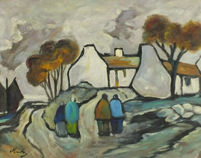 After Markey Robinson - Figures by cottages, Irish