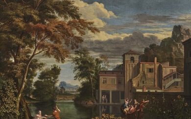 Albert Meyering1645 Amsterdam - 1714 ibid. Paysage antique avec palais en décomposition Dans une péniche,...