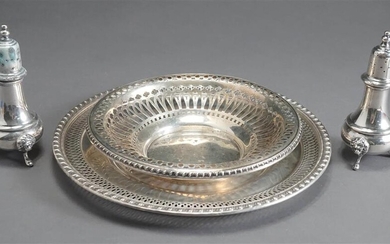 American Sterling Cake Plate, Pierced Bowl and Pair of Shakers, 19.6 gross oz
