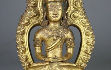Amitayus Buddha Statuette Sculpted Gilding - Chinese - 18th century - Bronze - China - Qing Dynasty - 18th - Qianlong Mark and Period
