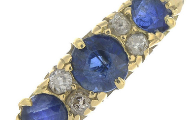 An 18ct gold Edwardian sapphire and diamond three-stone ring.