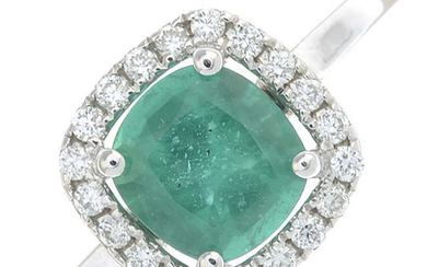 An 18ct gold cushion-shape emerald and brilliant-cut diamond cluster ring.