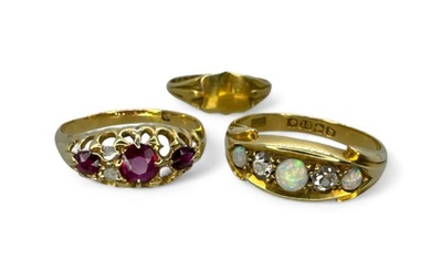 An 18ct gold opal and diamond Edwardian panel ring (Birmingham...