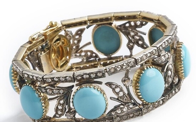 NOT SOLD. An Art Nouveau turquoise and diamond bracelet set with cabochon turquoises and rose-cut diamonds, mounted in 18k gold and silver. L. app. 17.5 cm. Circa 1900. – Bruun Rasmussen Auctioneers of Fine Art