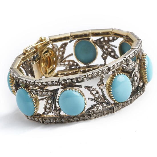NOT SOLD. An Art Nouveau turquoise and diamond bracelet set with cabochon turquoises and rose-cut diamonds, mounted in 18k gold and silver. L. app. 17.5 cm. Circa 1900. – Bruun Rasmussen Auctioneers of Fine Art