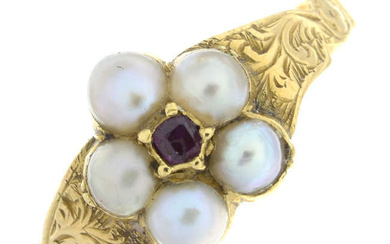 An Edwardian gold split pearl and ruby cluster ring.