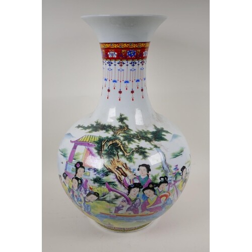An Oriental porcelain floor vase of bulbous form decorated w...