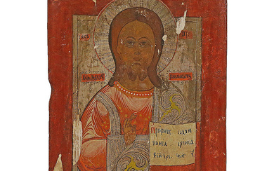 An antique Russian Orthodox hand painted icon of Christ Pantocrator,...