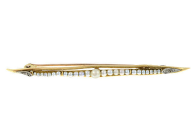 An early 20th century 18ct gold seed pearl and rose-cut diamond bar brooch.
