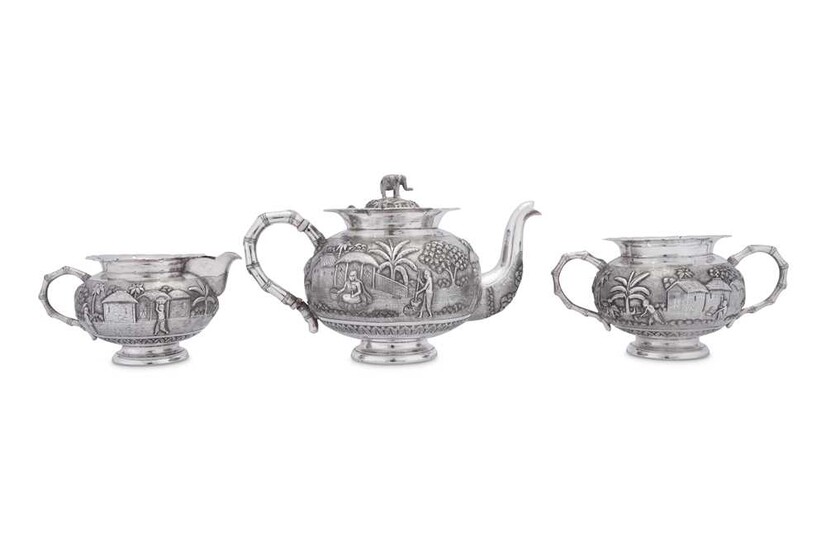 An early 20th century Anglo – Indian unmarked silver three-piece tea service, Calcutta circa 1910