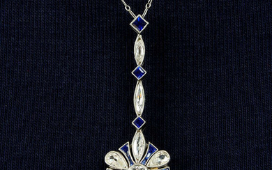 An early 20th century platinum, vari-shape diamond and sapphire pendant, with chain.