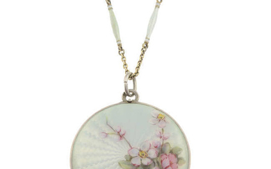 An early 20th century silver and enamel locket, with silver and enamel chain.