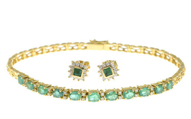An emerald and colourless gem bracelet and a pair of matching earrings.