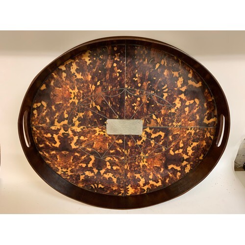 An oval tray, inset with faux tortoiseshell panels, 55 cm wi...