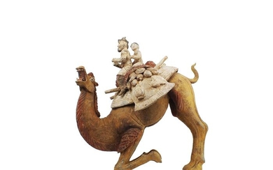 Ancient Chinese, Tang Dynasty Terracotta Extremely Rare Large Pottery Crouching Bactrian Camel and Foreign Riders, TL test, H -45,5 cm. - 41.5×44.5×0 cm