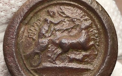 Ancient Roman Bronze Medicine Theriac (Cap)image of the Hunting Goddess Diana (Artemis) driving a Stag Biga, dog below.