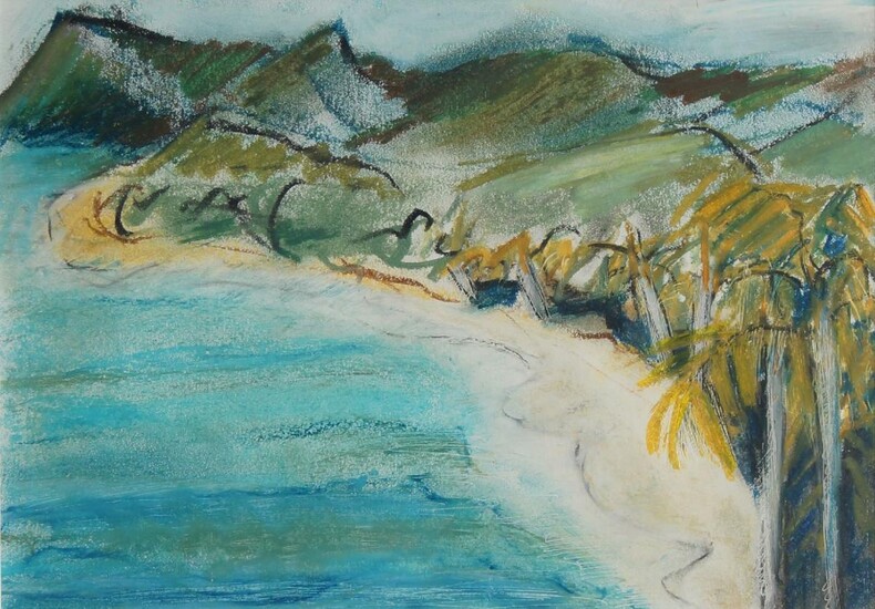 Annie Learoyd, Australian, late 20th century- Oak Beach, 1997- oil pastel on paper, inscribed, signed, and dated on the reverse, 19 x 26.5 cm