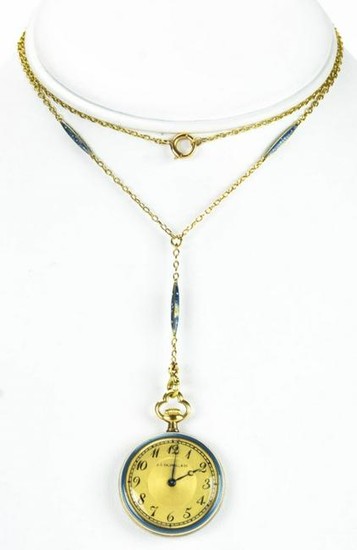 Antique 19th C 14kt Gold & Enamel Watch & Chain