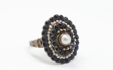 Antique Asian 19c Seed Pearl Sapphire Silver Ring