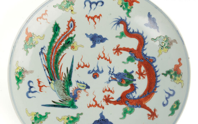 Antique Chinese Porcelain Plate Decorated w/ Dragon & Phoenix Painting