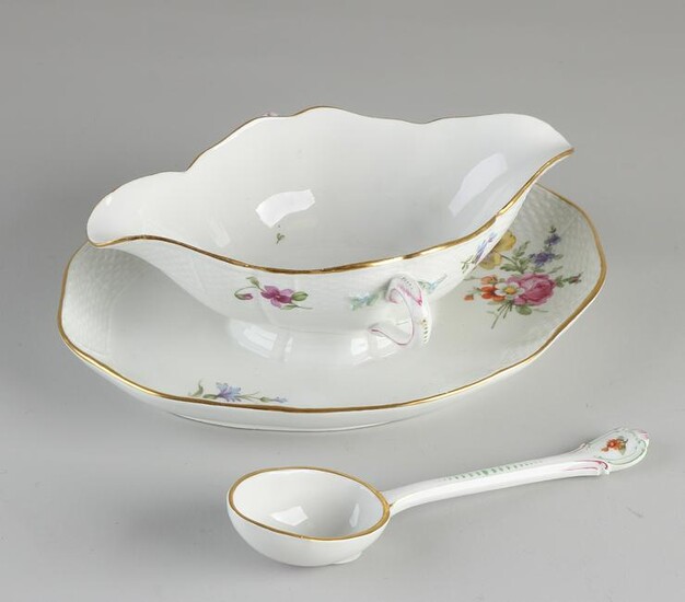Antique German porcelain sauce boat + spoon, with