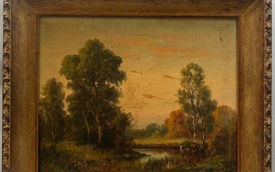 Antique Riverscape Painting Oil in Canvas