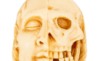 Antique Walking Cane w/ Carved Bone Half Skull/Half Face Handle