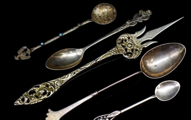 Antique silver cutlery group includes a Russian spoon marked...