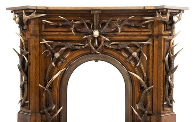 Antler Mounted Carved Oak Fireplace Surround