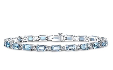 Aquamarine And Diamond Tennis Bracelet In 14k White Gold