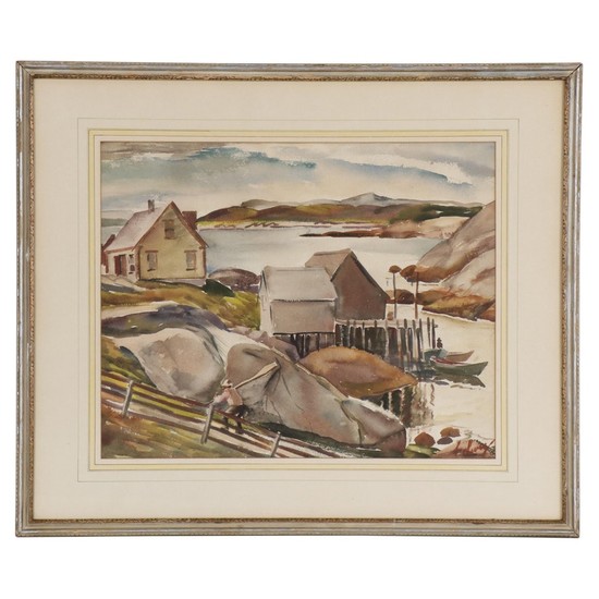 Arthur Helwig Watercolor Painting of Coastal Harbor, Mid 20th Century