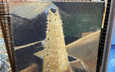 Artist Unknown - "Obelisk; Musician (double-sided)"oil on canvas, 76 x 61.5cm, unsigned