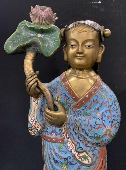 Asian Brass Cloisonné Sculpture w Base 40.5 in H