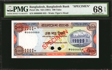 BANGLADESH. Bangladesh Bank. 100 Taka, ND (1981). P-29s. Specimen. PMG Superb Gem Uncirculated 68 EPQ.
