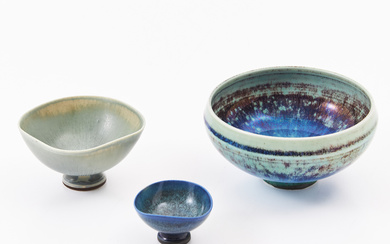 BERNDT FRIBERG. Three bowls, stoneware, signed, Gustavsberg with studio hand, glazed in aniara glaze and harp fur.