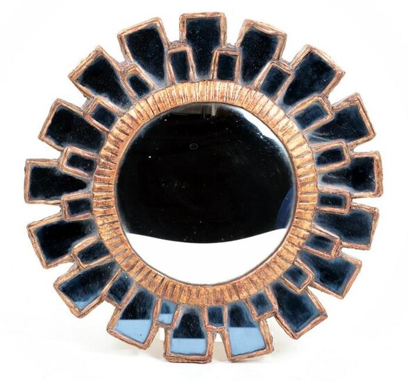 BLUE GLASS WOOD AND GESSO SUN MIRROR