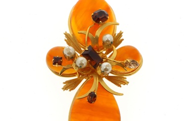 BOZART Broche croix en métal doré sertie de perles fantaisie, strass et cabochons à imitation...