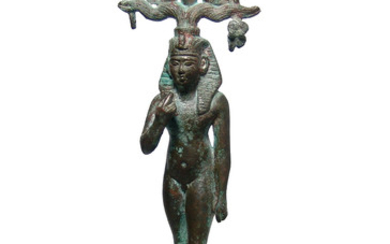 Beautiful Egyptian bronze figure of striding Harpokrates