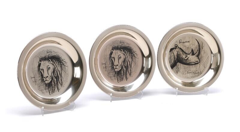 NOT SOLD. Bernard Buffet: "Lion" and "Rhinoceros". Three small deep stelring silver plates. H. 2 cm. Diam. 20.2 cm. (3) – Bruun Rasmussen Auctioneers of Fine Art