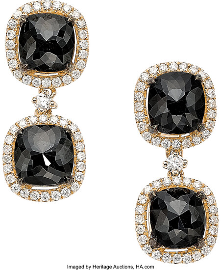 Black Diamond, Diamond, Rose Gold Earrings Stones: Cushion-shaped mixed-cut...