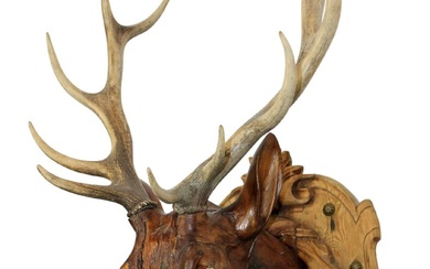 Black Forest carved deer head trophy mount