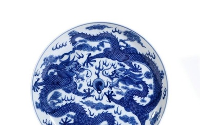 Blue and White Double Dragon Playing Pearl Plate