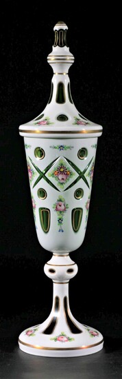 Bohemian Lidded Green Glass Vase With Handpainted Flowers (H:42cm)