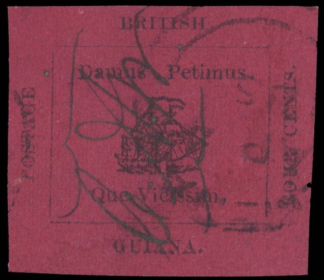 British Guiana 1856 4c. black on magenta neatly cancelled by indistinct c.d.s. and initialled...