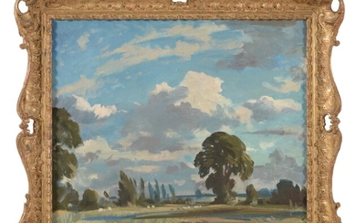 British School (20th century), Sheep in a tree lined landscape