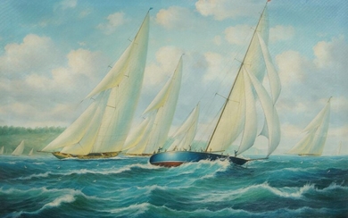 British School, mid-late 20th century- Cowes Regatta; oil on canvas, titled (lower left) and indistinctly signed (lower right), 61 x 91 cm