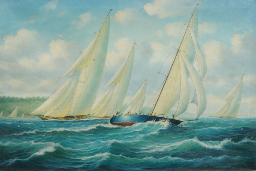 British School, mid-late 20th century- Cowes Regatta; oil on canvas, titled (lower left) and indistinctly signed (lower right), 61 x 91 cm