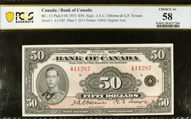 CANADA. Bank of Canada. 50 Dollars, 1935. BC-13. PCGS Banknote Choice About Uncirculated 58.