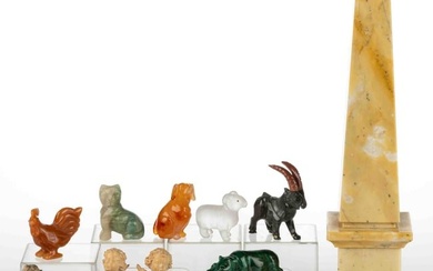 CARVED STONE OBELISK AND ANIMALS, LOT OF 14